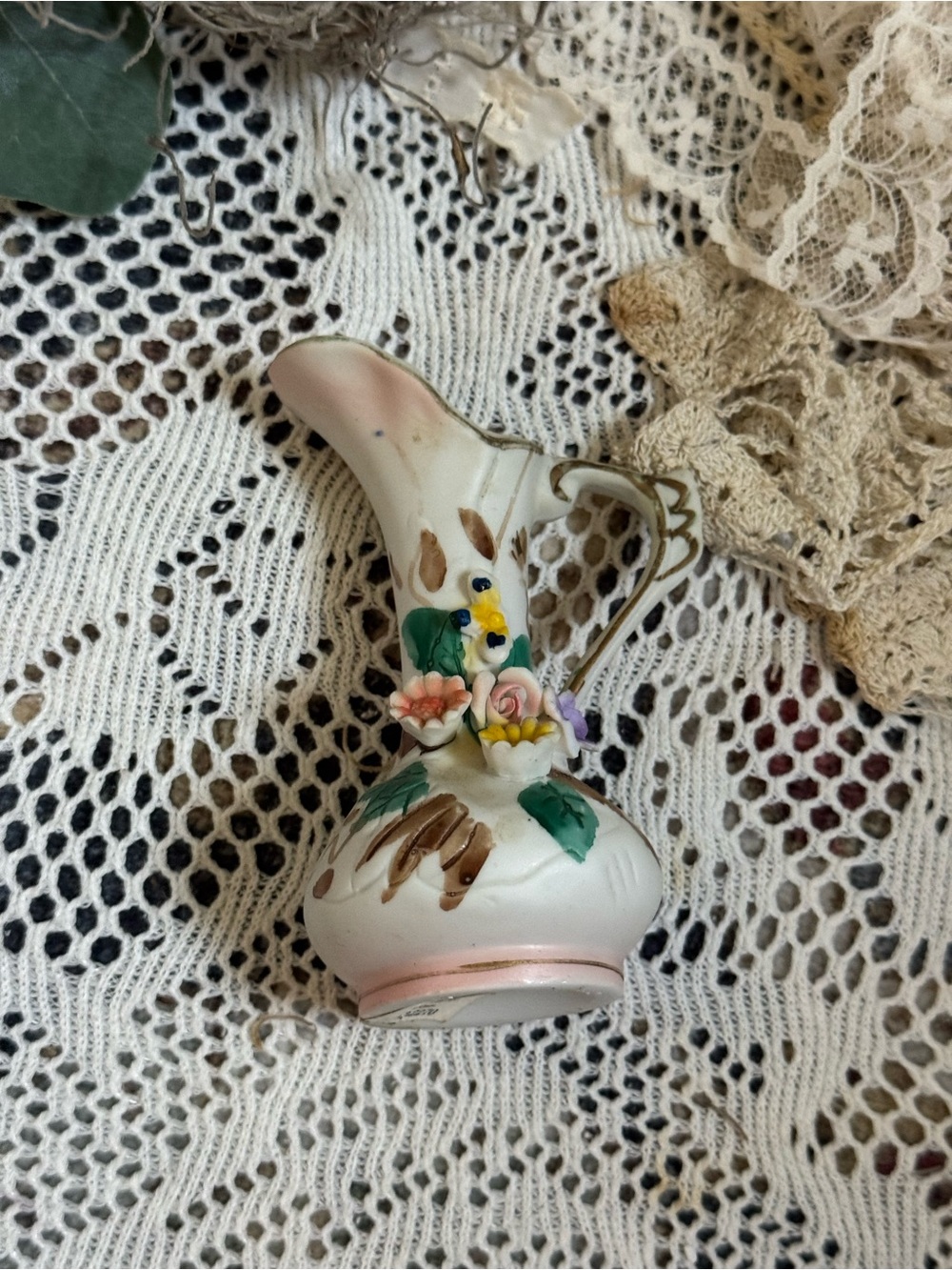 Vintage Bisque Hand-Painted Porcelain Mini Pitcher with Floral Appliqué